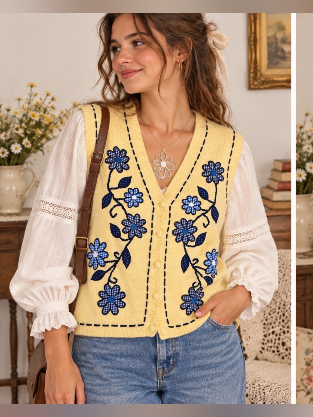 Christopher Banks Patchwork Embroidered Floral Kid-core Y2K Knit Vest Large